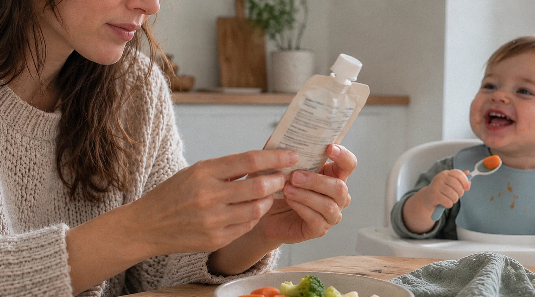 Parent reading the back of a baby food pouch while a smiling baby eats in a high chair