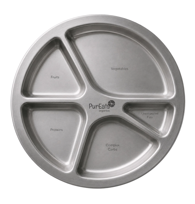 PureEats sectional stainless steel plate with five engraved food sections