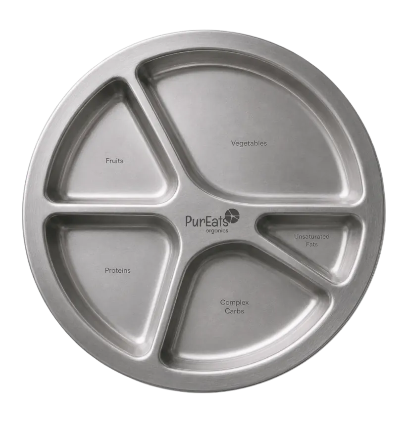 PureEats sectional stainless steel plate with five engraved food sections